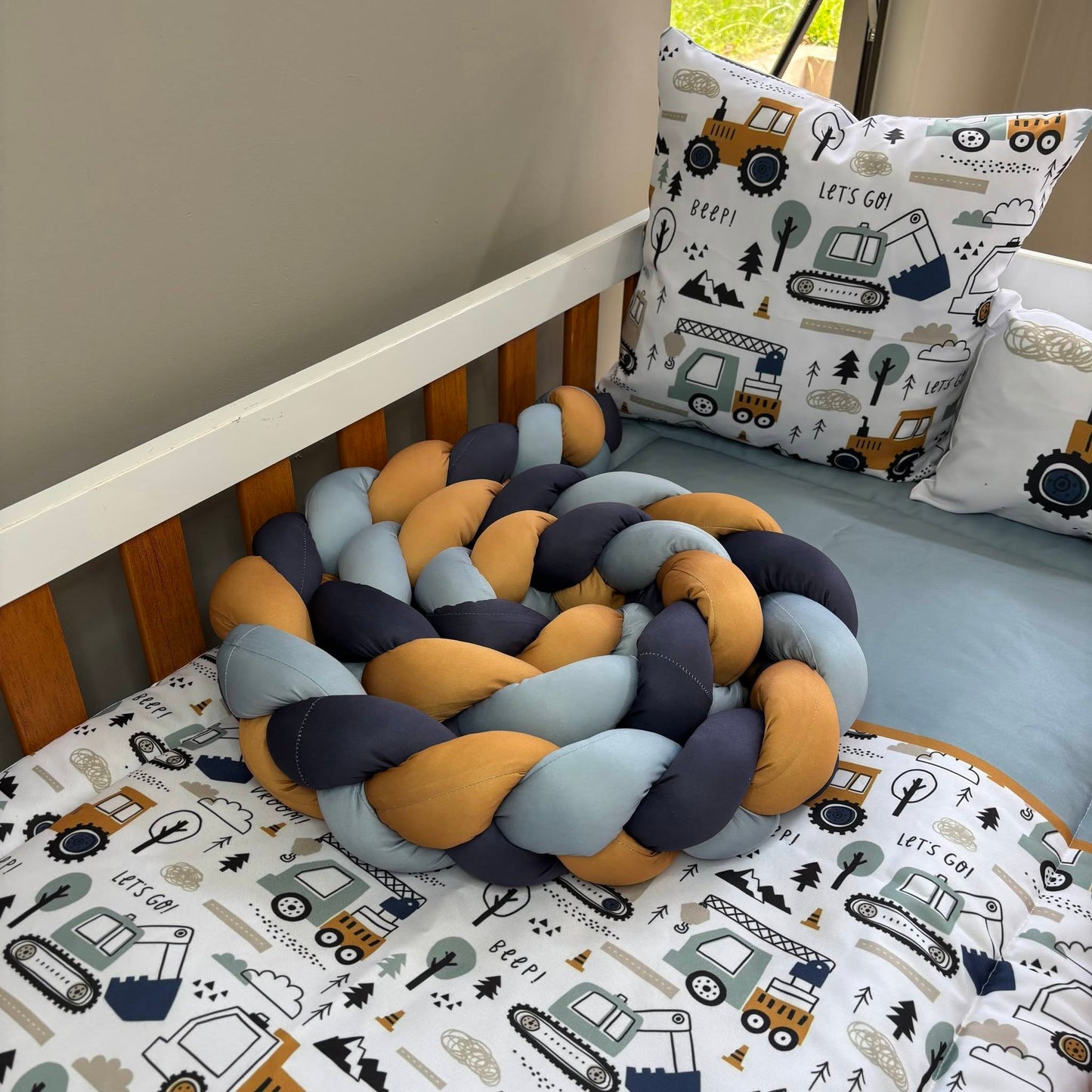 Baby Blue and Mustard Construction  cot linen