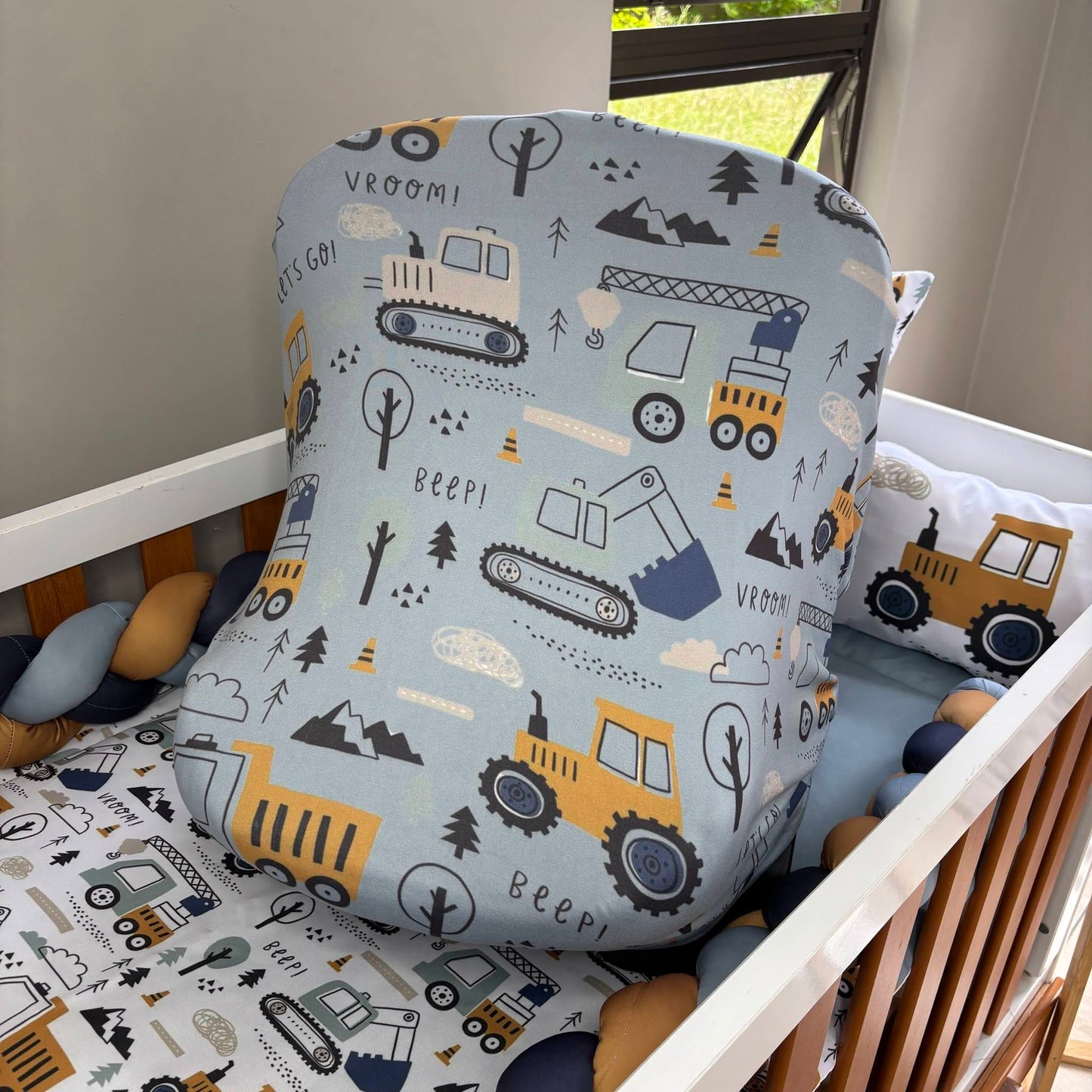 Baby Blue and Mustard Construction Car seat cover