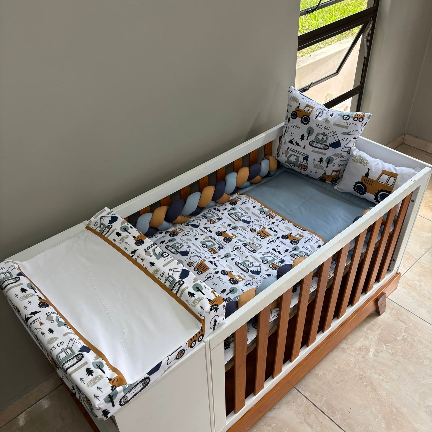Baby Blue and Mustard Construction  waterproof changing mat