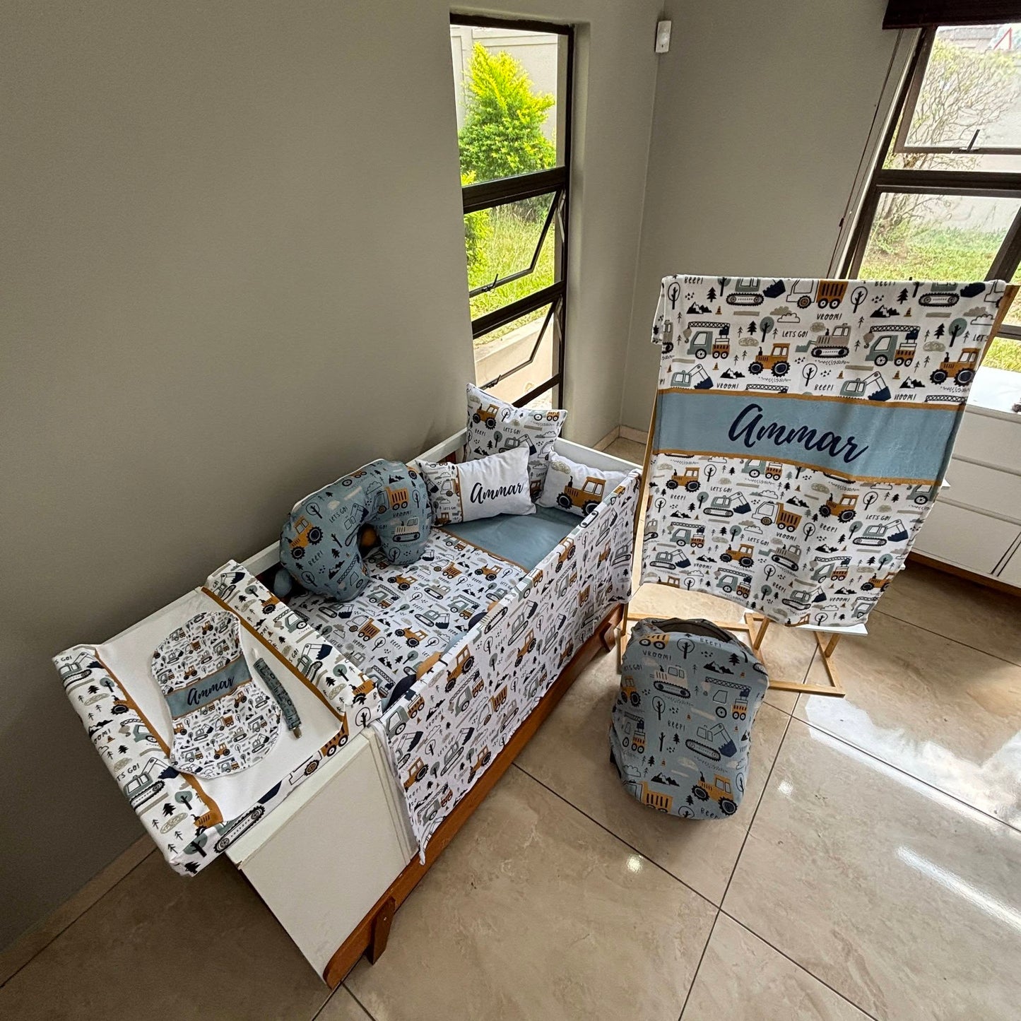 Baby Blue and Mustard Construction  cot linen