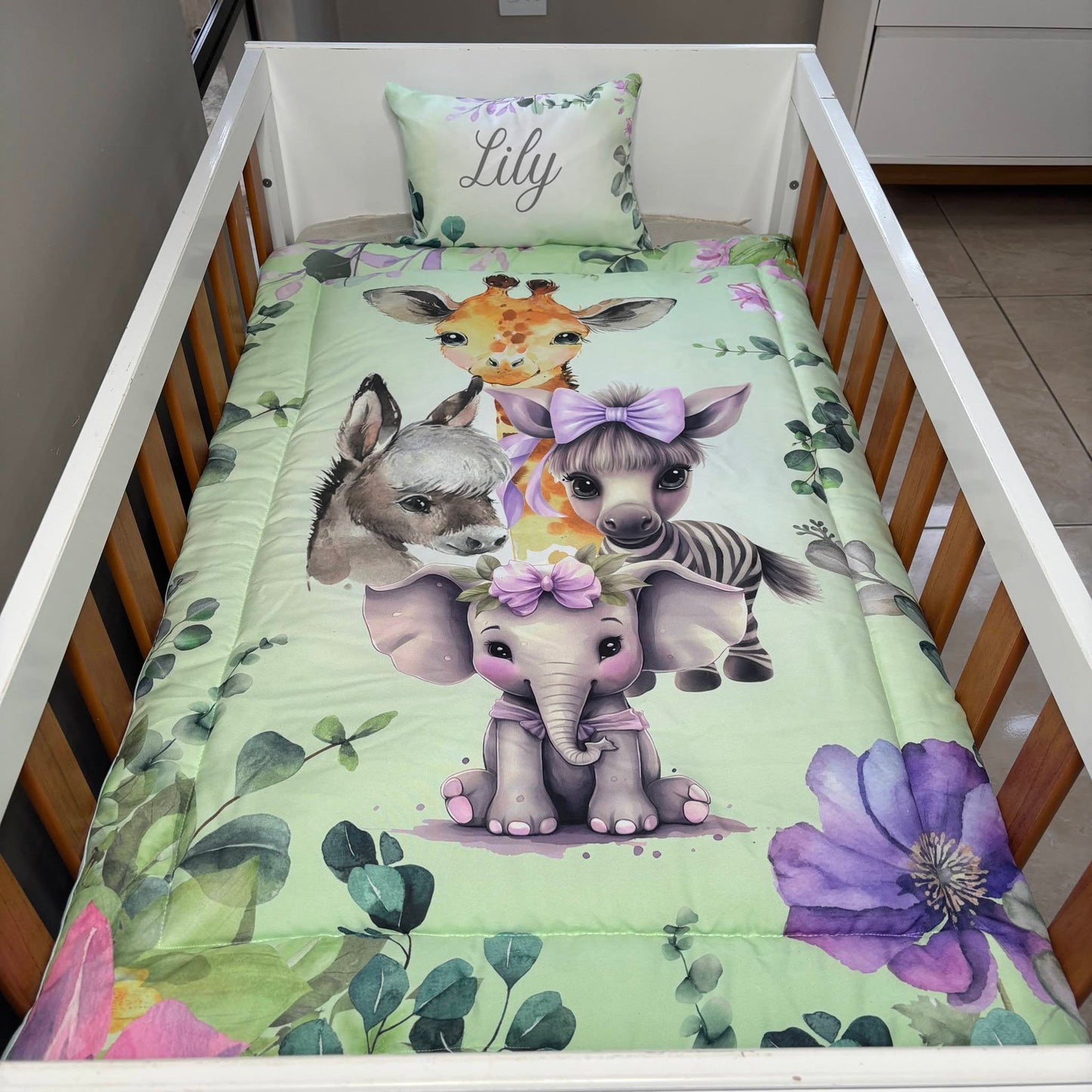 Mint and Lavender Safari  cot linen