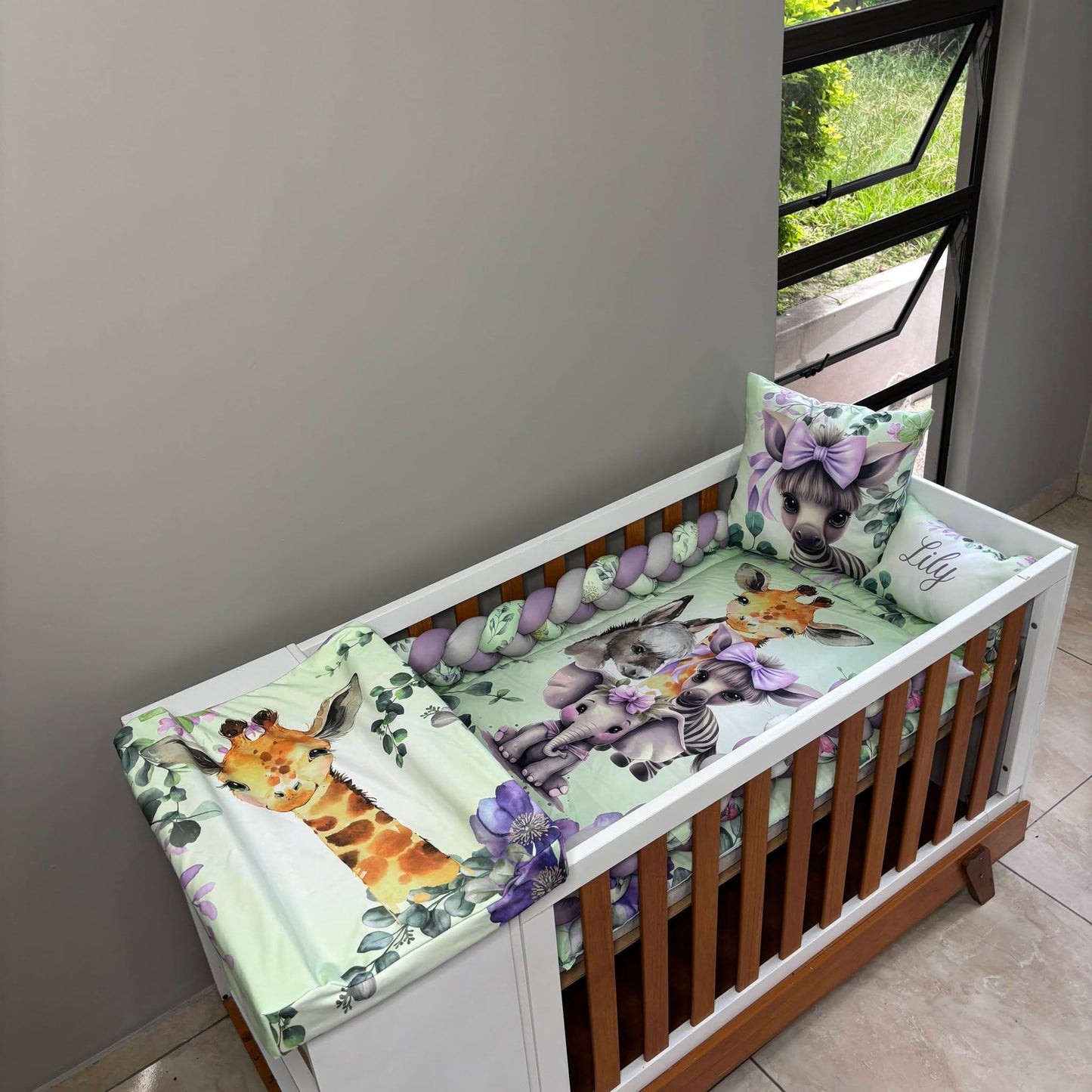 Mint and Lavender Safari  cot linen