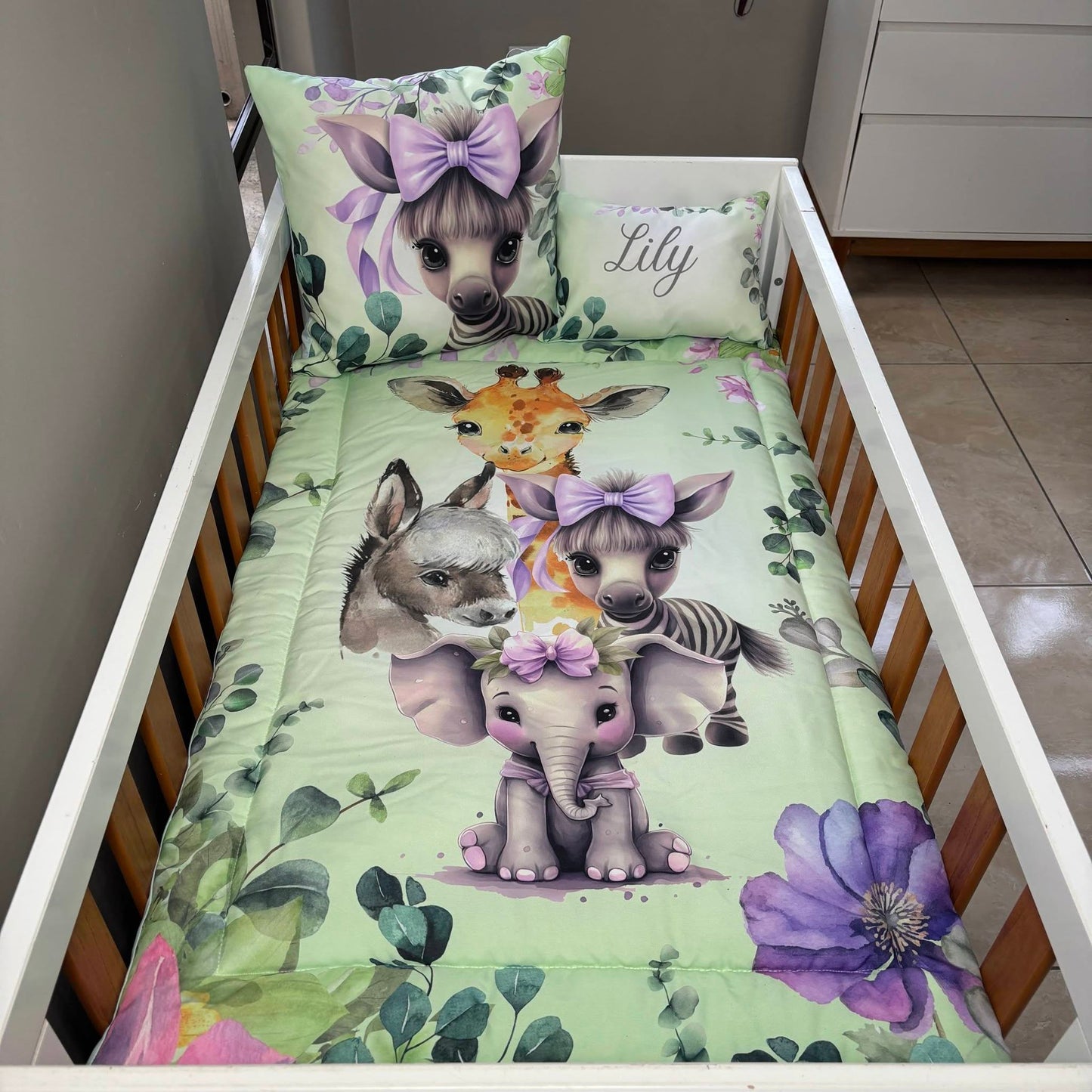 Mint and Lavender Safari  cot linen