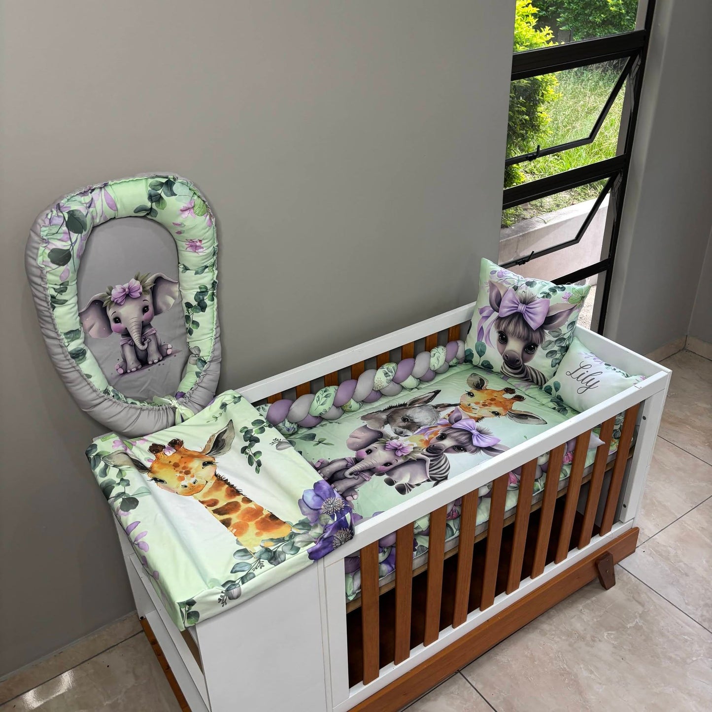 Mint and Lavender Safari  cot linen