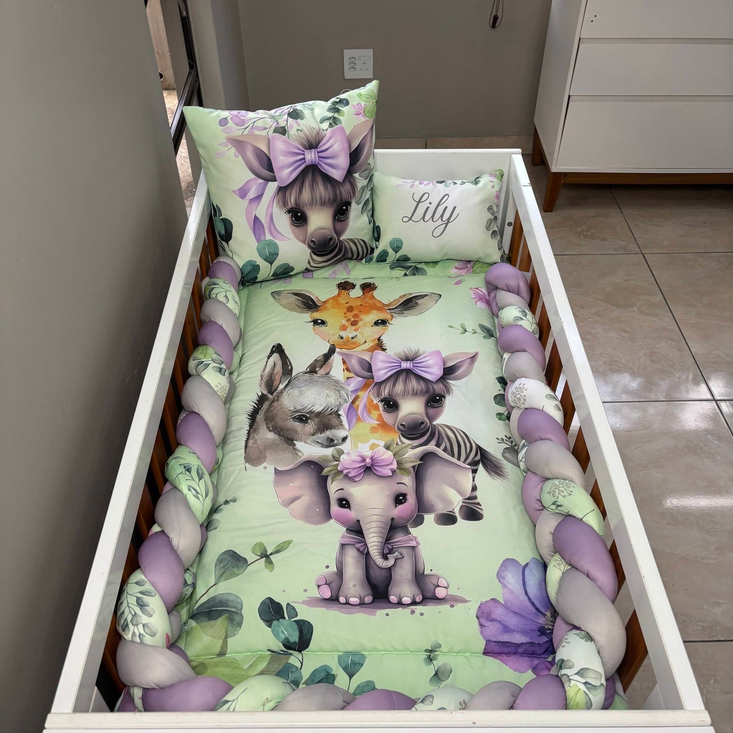 Mint and Lavender Safari  cot linen