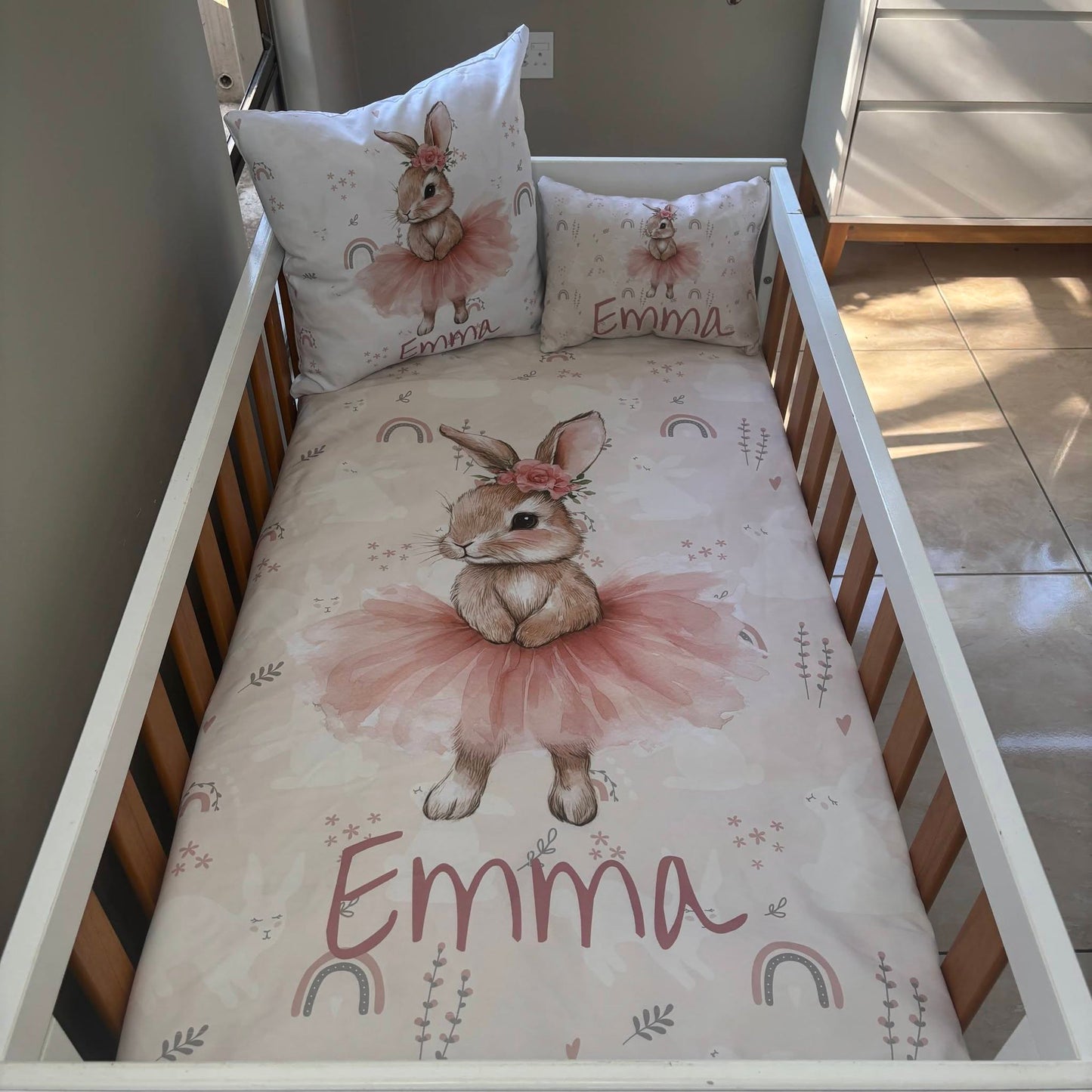 Boho Rainbow Tutu Bunny  cot linen
