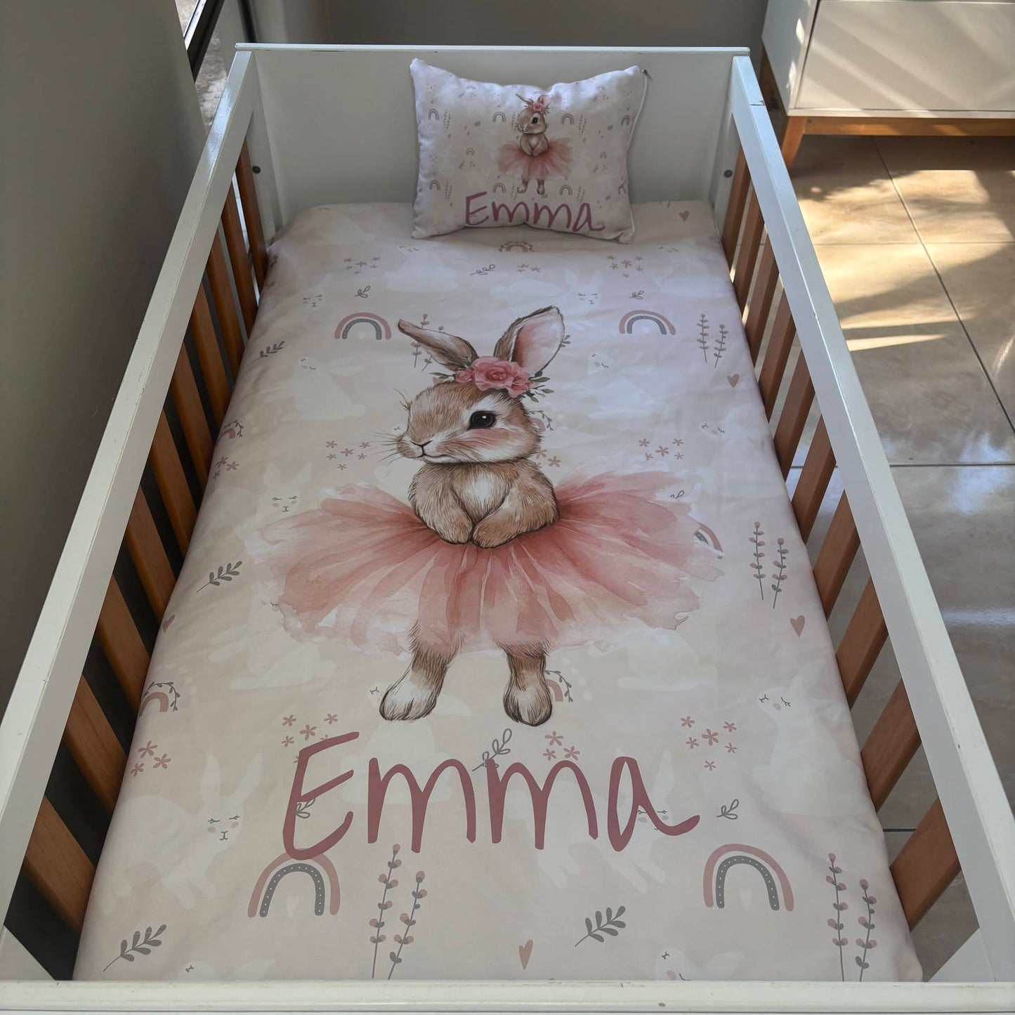 Boho Rainbow Tutu Bunny  cot linen