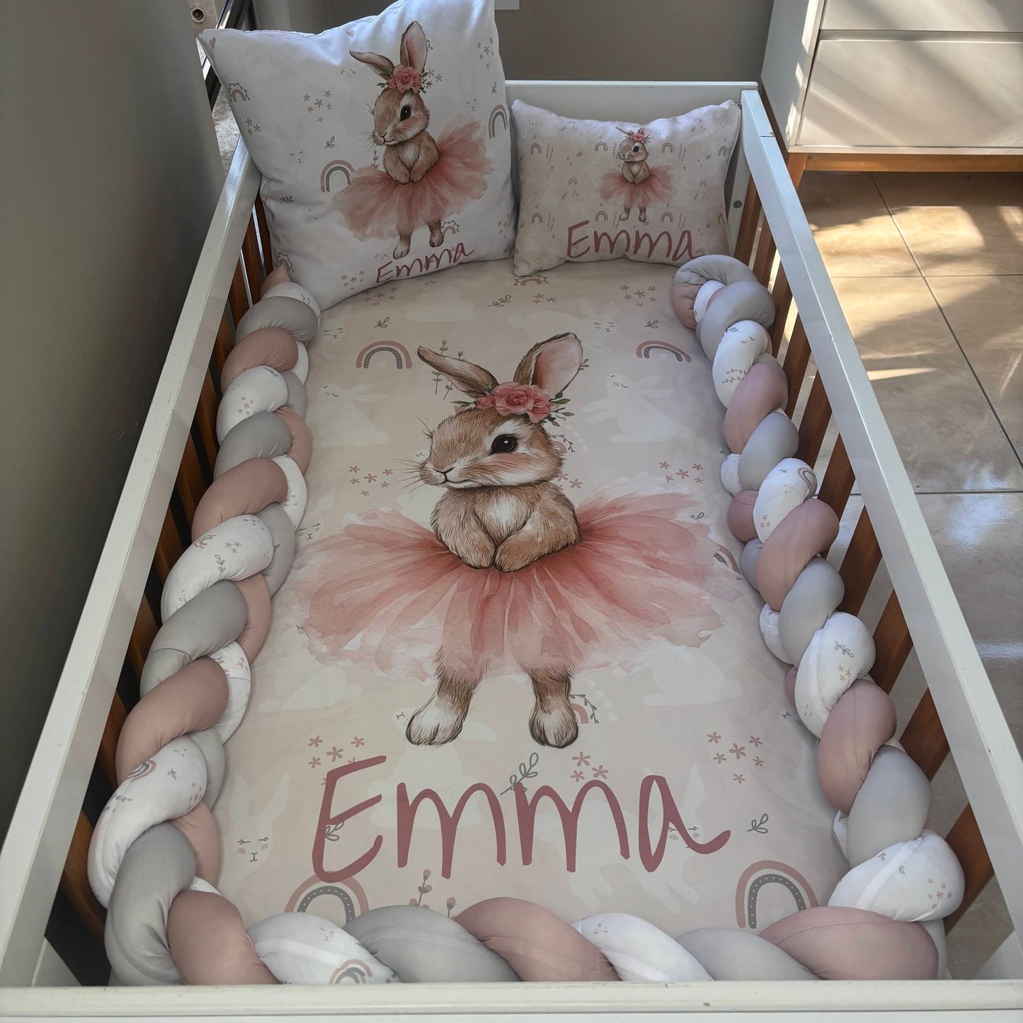 Boho Rainbow Tutu Bunny  cot linen