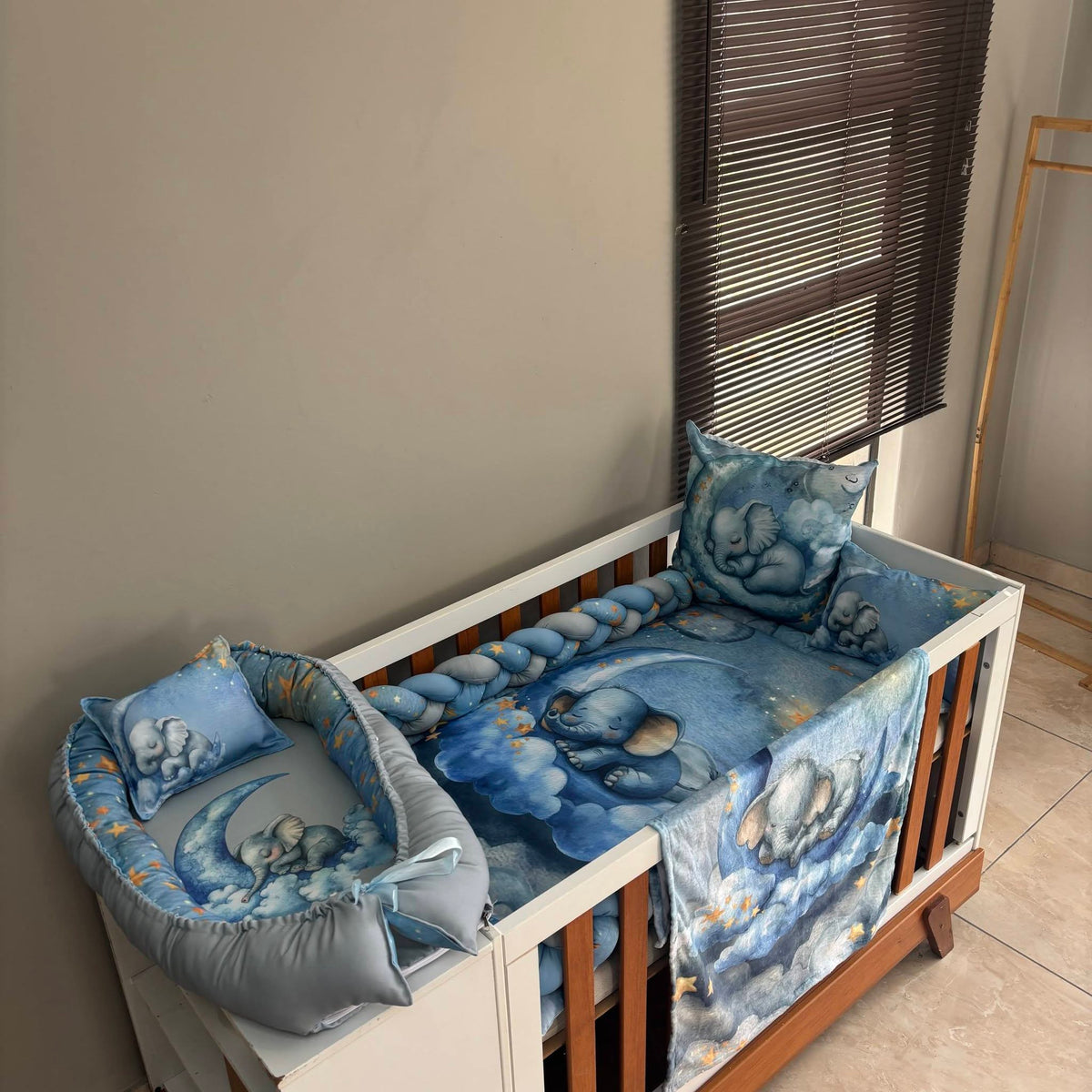 Dreamy Blue Elephant cot linen