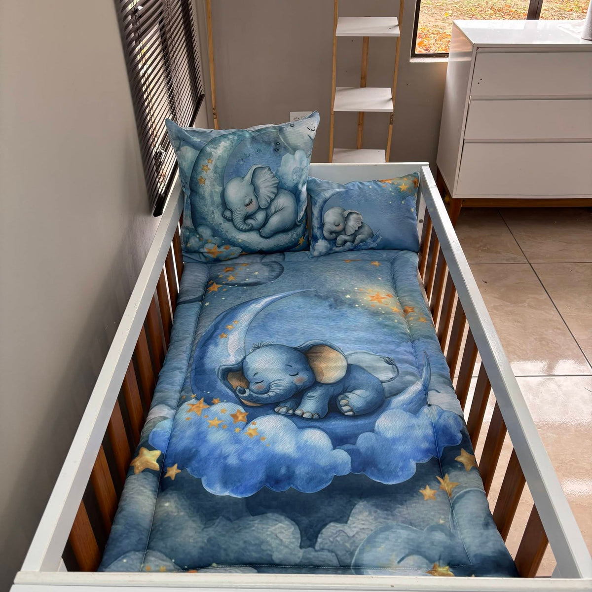 Dreamy Blue Elephant cot linen