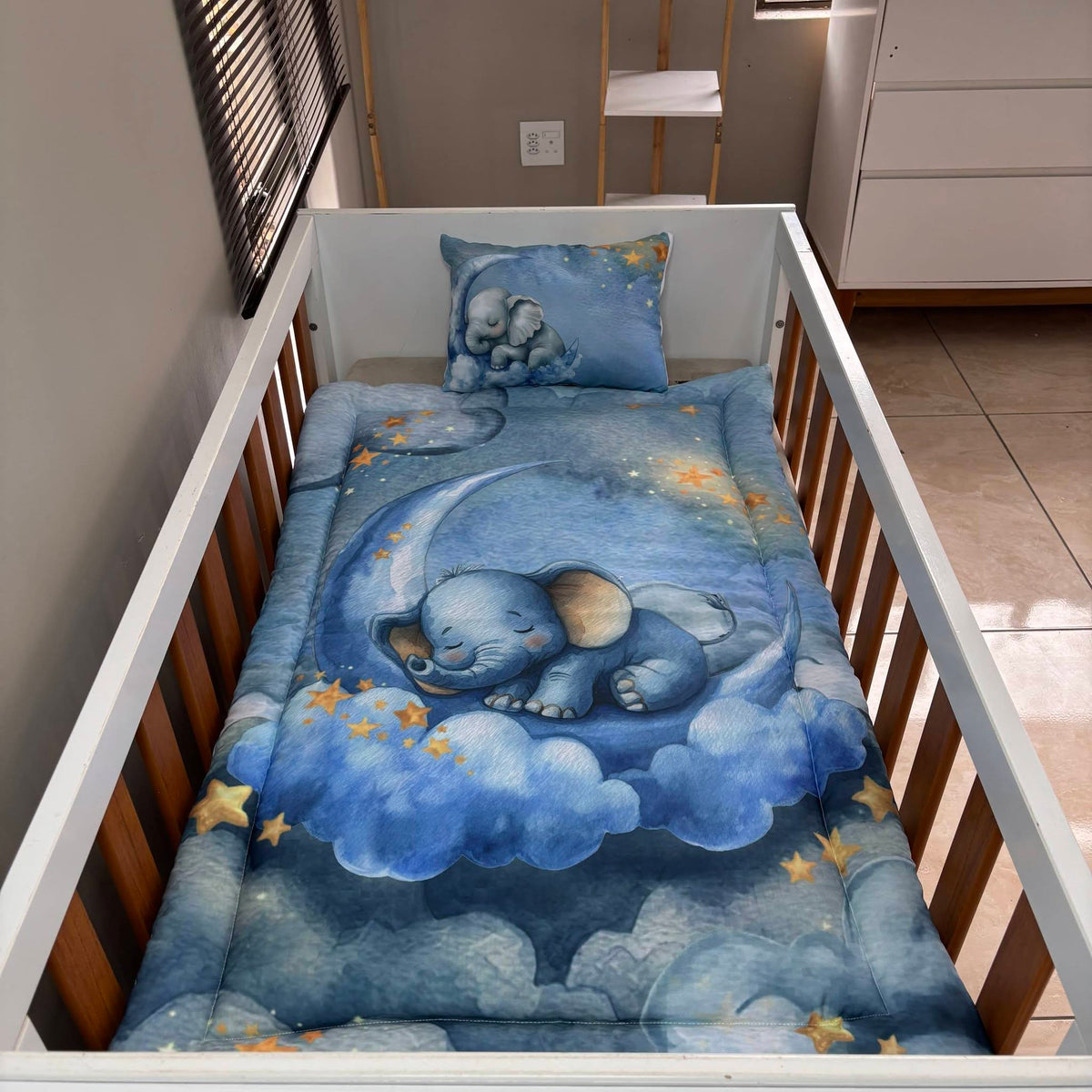 Dreamy Blue Elephant cot linen