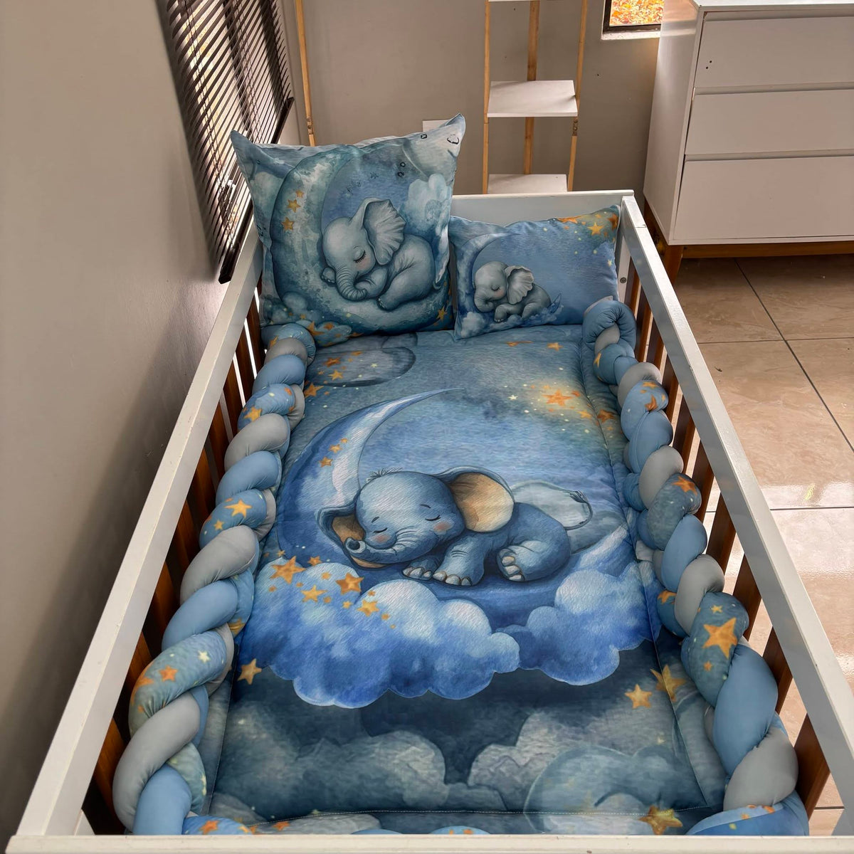 Dreamy Blue Elephant cot linen